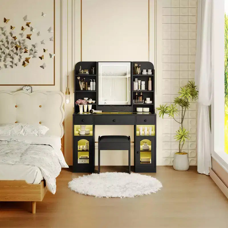 Whisen 43.2 Coiffeuse, Coiffeuse avec Plateau en Verre et Miroir, 3 Tiroirs, Étagères de Rangement et Tabouret