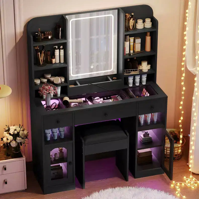 Whisen 43.2 Coiffeuse, Coiffeuse avec Plateau en Verre et Miroir, 3 Tiroirs, Étagères de Rangement et Tabouret