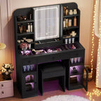 Whisen 43.2 Coiffeuse, Coiffeuse avec Plateau en Verre et Miroir, 3 Tiroirs, Étagères de Rangement et Tabouret