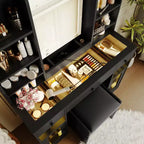 Whisen 43.2 Coiffeuse, Coiffeuse avec Plateau en Verre et Miroir, 3 Tiroirs, Étagères de Rangement et Tabouret