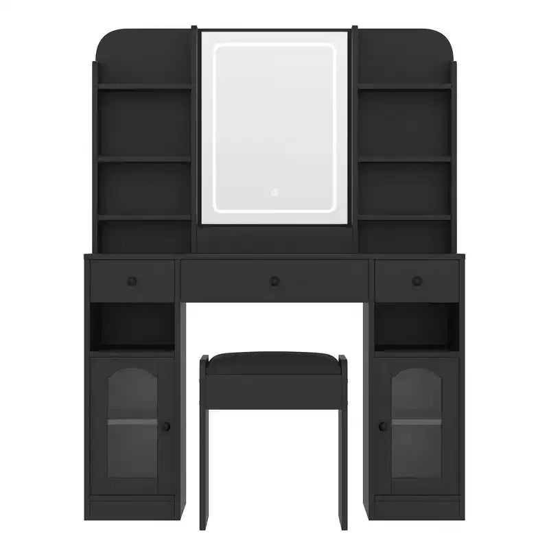 Whisen 43.2 Coiffeuse, Coiffeuse avec Plateau en Verre et Miroir, 3 Tiroirs, Étagères de Rangement et Tabouret