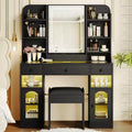 Whisen 43.2 Vanity Desk, Dressing Table, Glass Top Vanity with Mirror, 3 Drawers, Storage Shelves and Stool