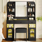 Whisen 43.2 Vanity Desk, Dressing Table, Glass Top Vanity with Mirror, 3 Drawers, Storage Shelves and Stool