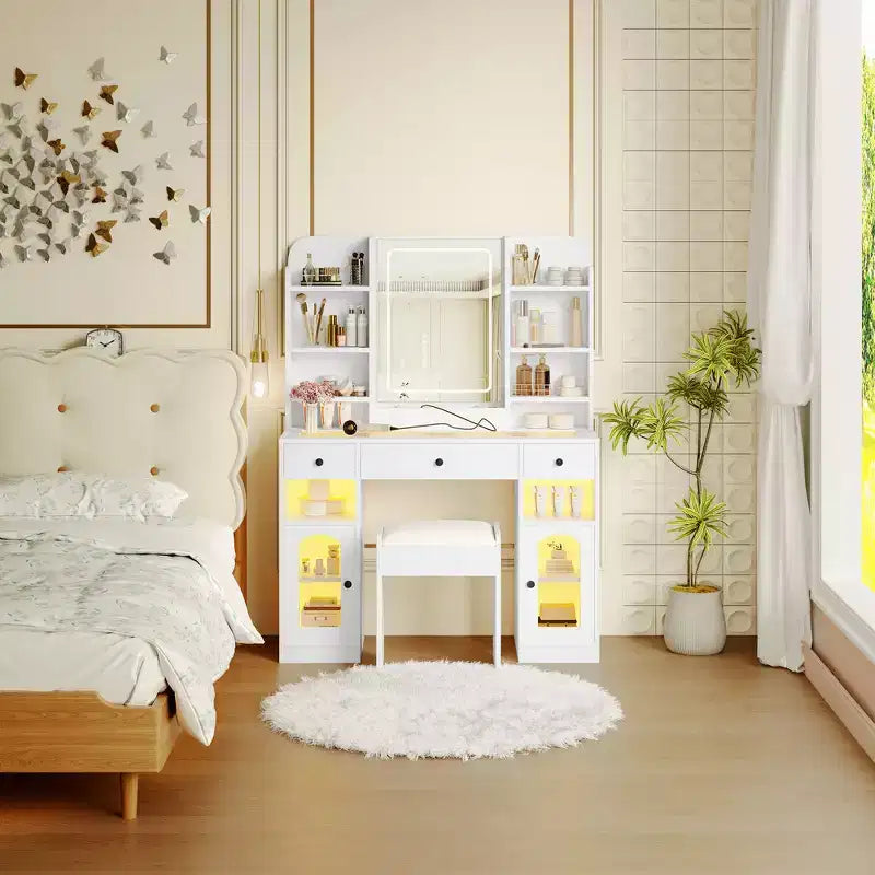 Whisen 43.2 Coiffeuse, Coiffeuse avec Plateau en Verre et Miroir, 3 Tiroirs, Étagères de Rangement et Tabouret