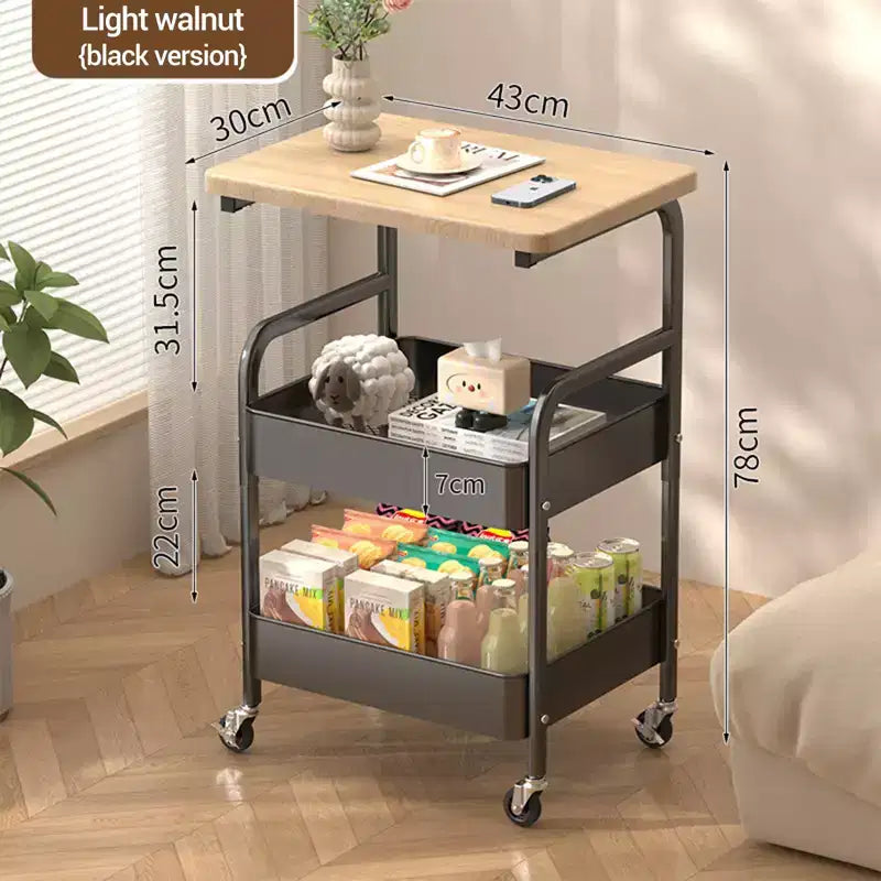Chariot de rangement à 3 niveaux en métal robuste avec plateau en bois – Roues verrouillables, étagère de rangement polyvalente pour îlot de cuisine, bureau, salon, chambre à coucher