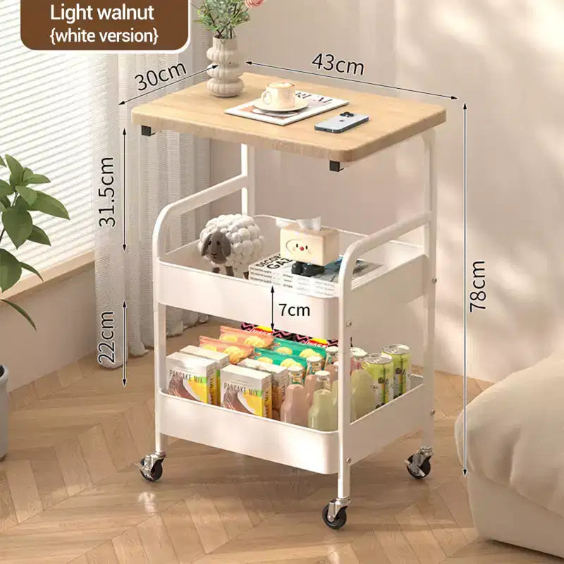 Chariot de rangement à 3 niveaux en métal robuste avec plateau en bois – Roues verrouillables, étagère de rangement polyvalente pour îlot de cuisine, bureau, salon, chambre à coucher