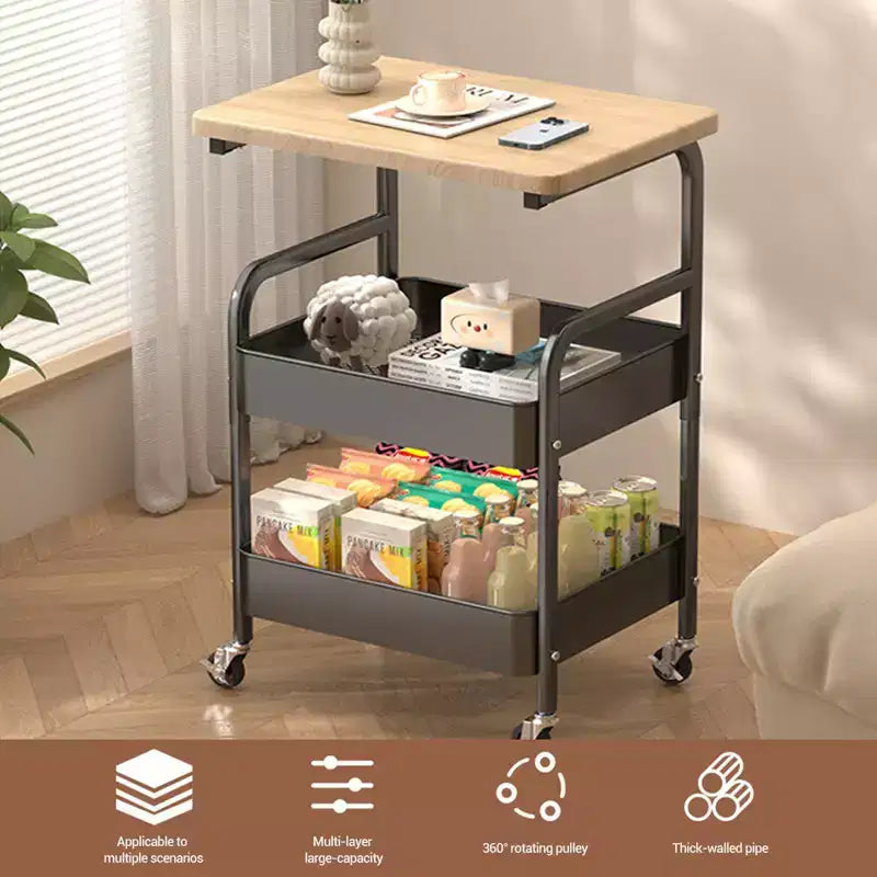 Chariot de rangement à 3 niveaux en métal robuste avec plateau en bois – Roues verrouillables, étagère de rangement polyvalente pour îlot de cuisine, bureau, salon, chambre à coucher