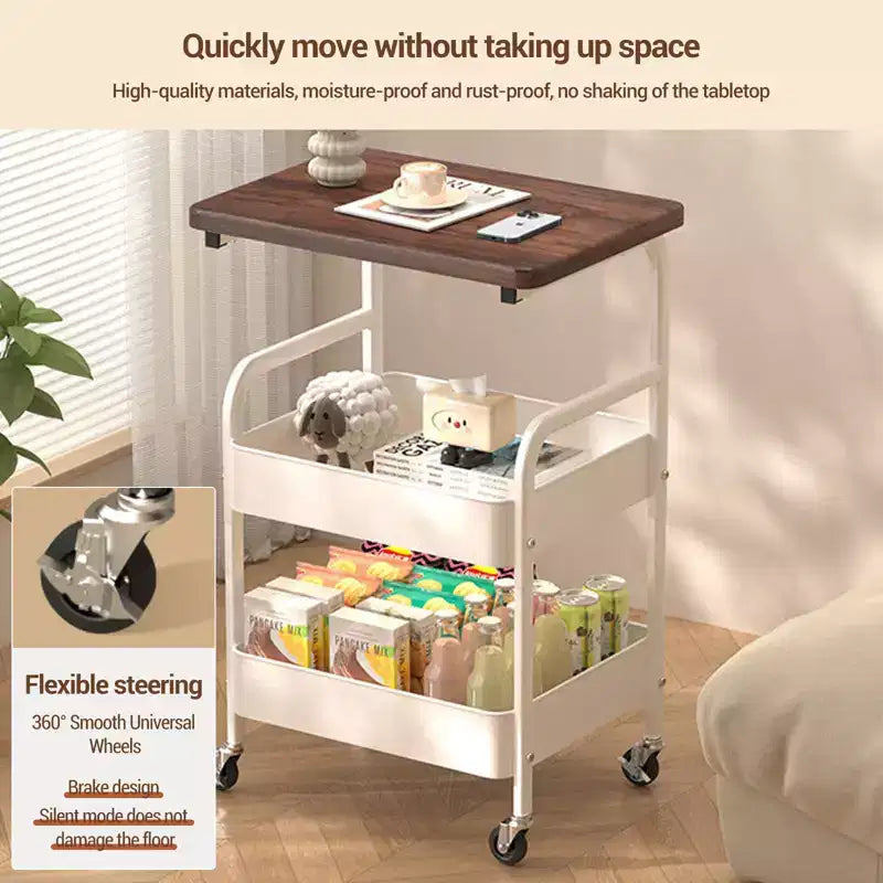 Chariot de rangement à 3 niveaux en métal robuste avec plateau en bois – Roues verrouillables, étagère de rangement polyvalente pour îlot de cuisine, bureau, salon, chambre à coucher