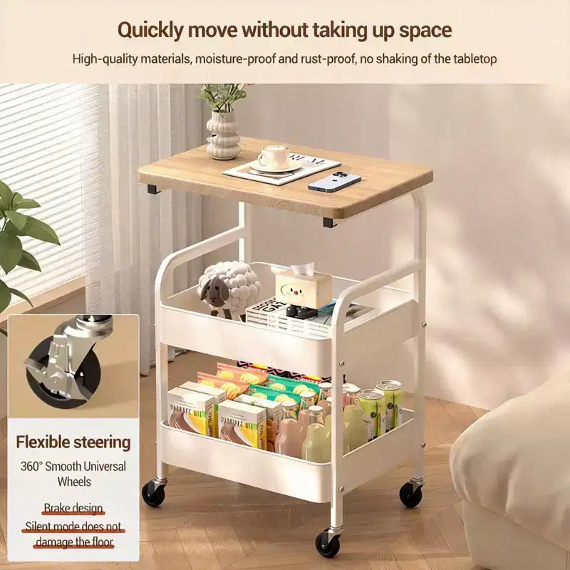 Chariot de rangement à 3 niveaux en métal robuste avec plateau en bois – Roues verrouillables, étagère de rangement polyvalente pour îlot de cuisine, bureau, salon, chambre à coucher