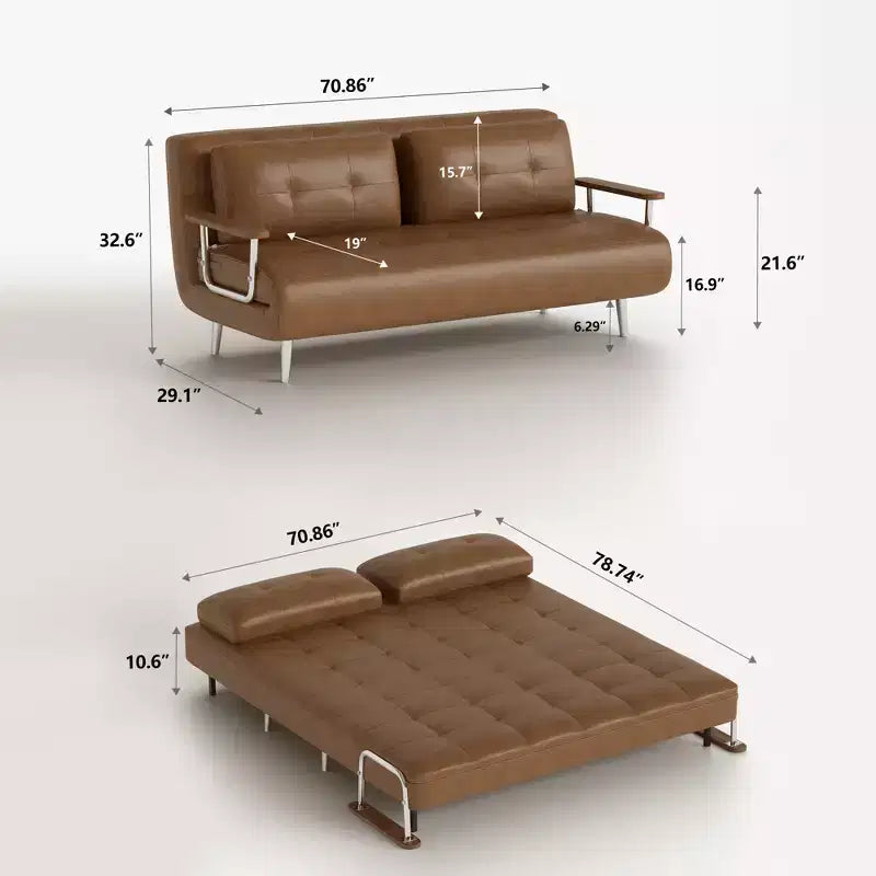 Canapé-lit convertible mi-siècle moderne Gaoyangjiaju en similicuir cognac de 70,86 po avec mousse haute densité et pieds de soutien cachés
