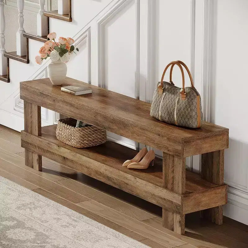 Banc d'entrée Lantine, banc à chaussures de 150 cm avec étagère de rangement ouverte, bancs d'appoint étroits à 2 niveaux pour chambre à coucher, couloir, salon