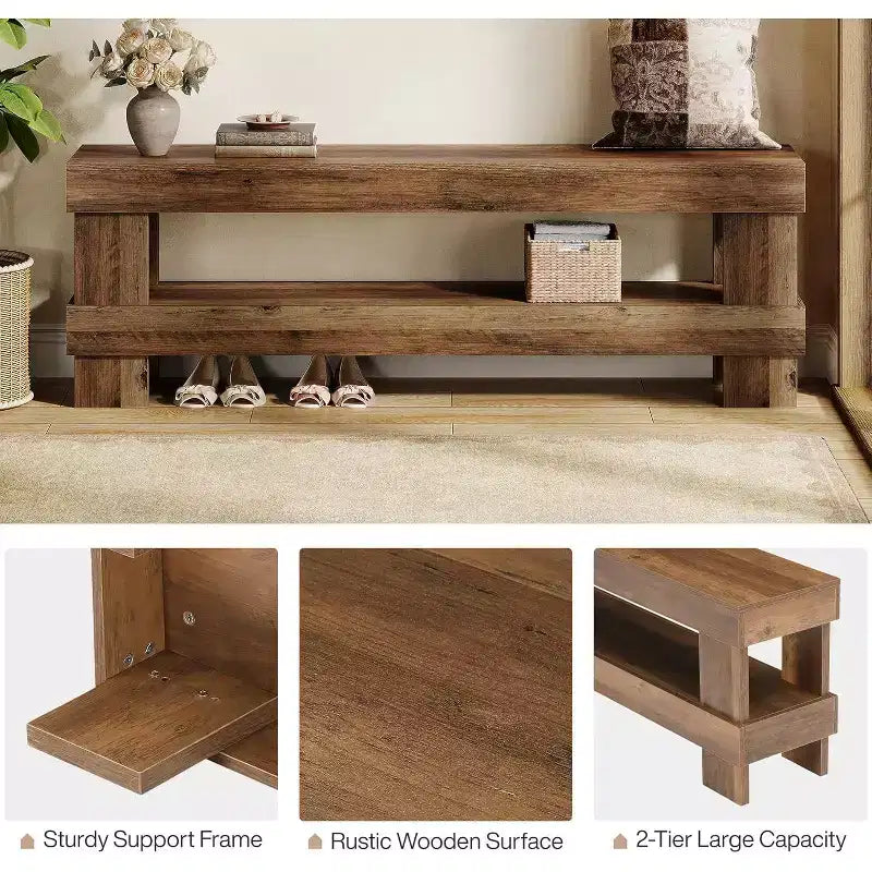 Banc d'entrée Lantine, banc à chaussures de 150 cm avec étagère de rangement ouverte, bancs d'appoint étroits à 2 niveaux pour chambre à coucher, couloir, salon