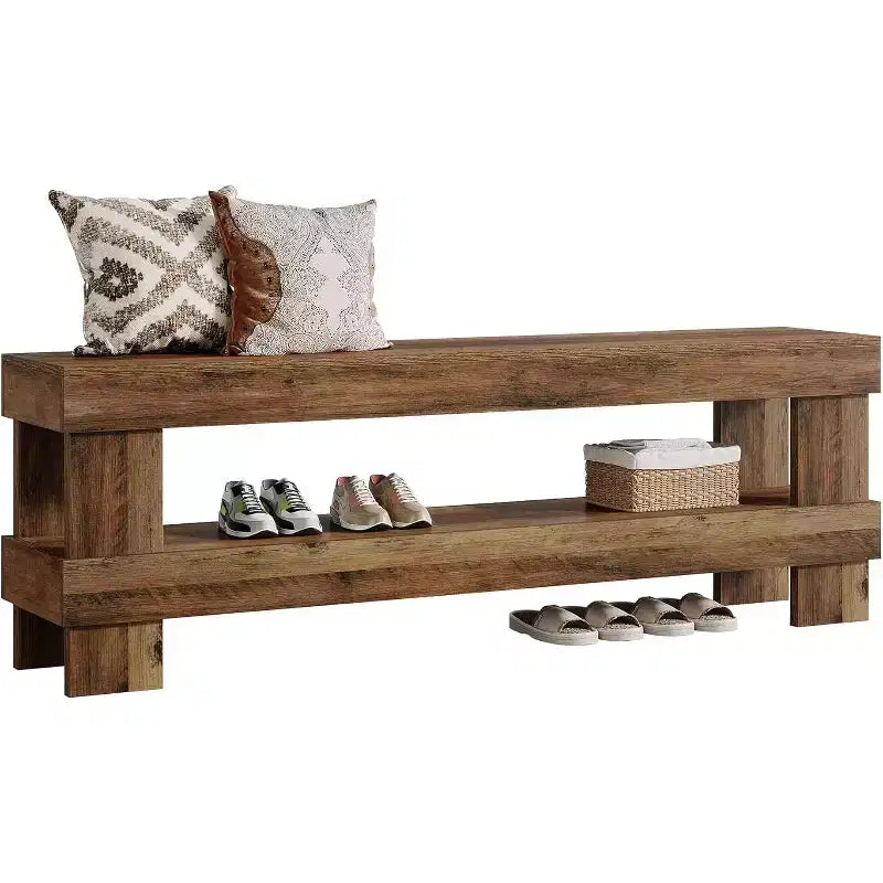 Banc d'entrée Lantine, banc à chaussures de 150 cm avec étagère de rangement ouverte, bancs d'appoint étroits à 2 niveaux pour chambre à coucher, couloir, salon