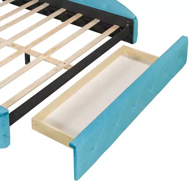 Lit Plateforme Rembourré en Velours Luxystar Queen avec Tête de Lit Ailée, 1 Grand Tiroir et 2 Bancs de Rangement Latéraux