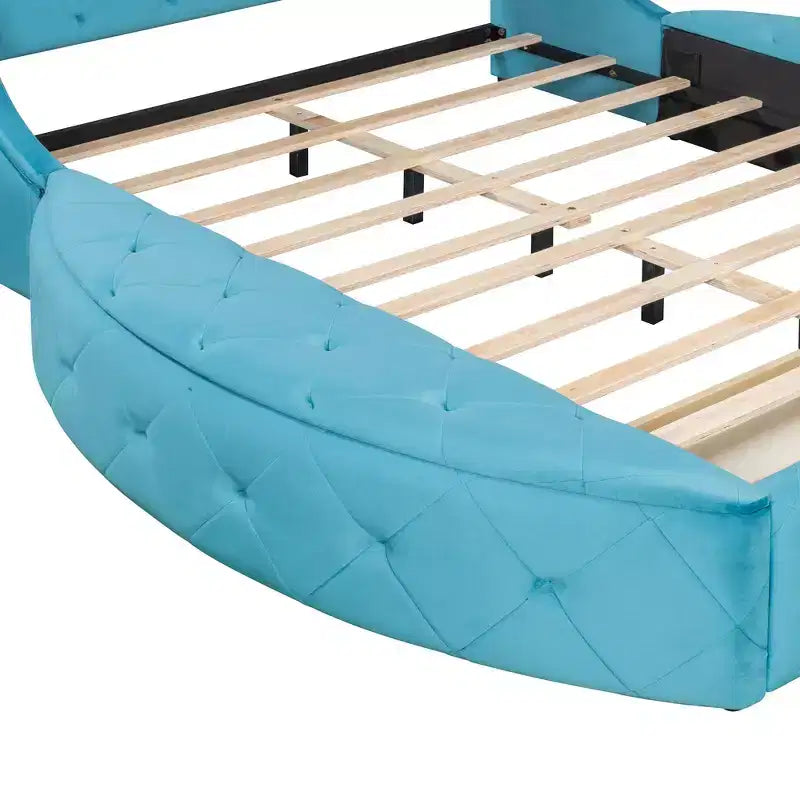 Lit Plateforme Rembourré en Velours Luxystar Queen avec Tête de Lit Ailée, 1 Grand Tiroir et 2 Bancs de Rangement Latéraux