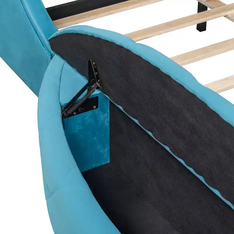 Lit Plateforme Rembourré en Velours Luxystar Queen avec Tête de Lit Ailée, 1 Grand Tiroir et 2 Bancs de Rangement Latéraux