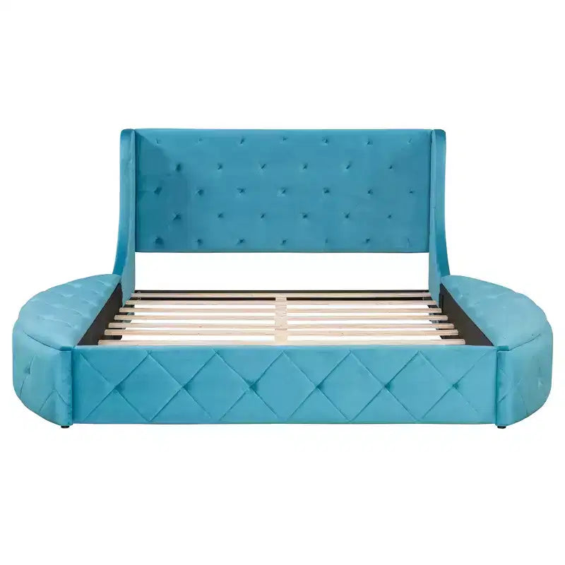 Lit Plateforme Rembourré en Velours Luxystar Queen avec Tête de Lit Ailée, 1 Grand Tiroir et 2 Bancs de Rangement Latéraux