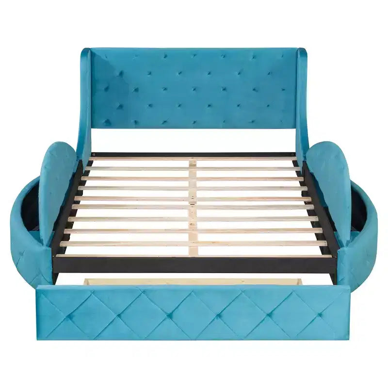 Lit Plateforme Rembourré en Velours Luxystar Queen avec Tête de Lit Ailée, 1 Grand Tiroir et 2 Bancs de Rangement Latéraux