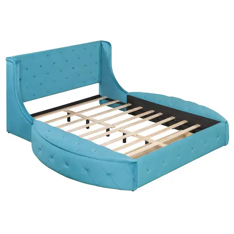Lit Plateforme Rembourré en Velours Luxystar Queen avec Tête de Lit Ailée, 1 Grand Tiroir et 2 Bancs de Rangement Latéraux