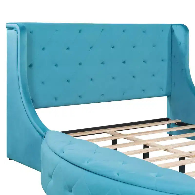 Lit Plateforme Rembourré en Velours Luxystar Queen avec Tête de Lit Ailée, 1 Grand Tiroir et 2 Bancs de Rangement Latéraux