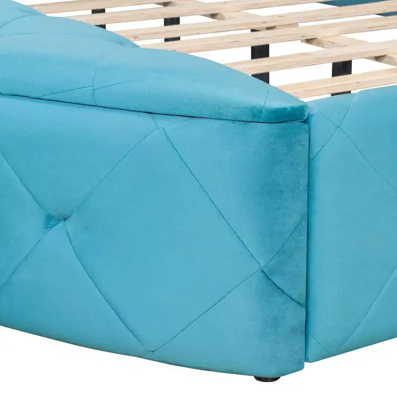 Lit Plateforme Rembourré en Velours Luxystar Queen avec Tête de Lit Ailée, 1 Grand Tiroir et 2 Bancs de Rangement Latéraux