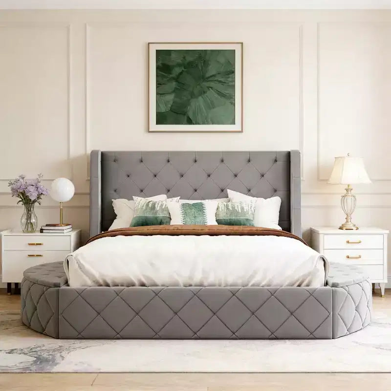 Lit Plateforme Rembourré en Velours Luxystar Queen avec Tête de Lit Ailée, 1 Grand Tiroir et 2 Bancs de Rangement Latéraux