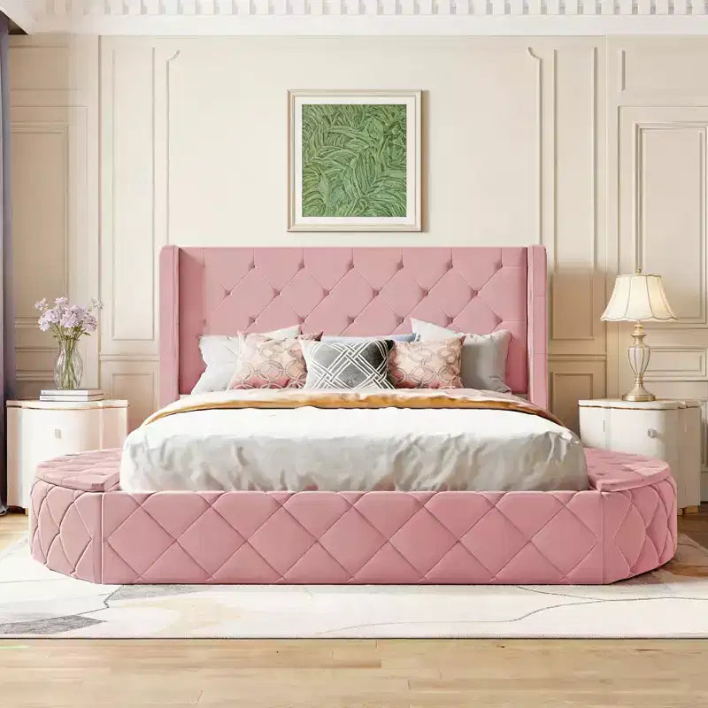 Lit Plateforme Rembourré en Velours Luxystar Queen avec Tête de Lit Ailée, 1 Grand Tiroir et 2 Bancs de Rangement Latéraux
