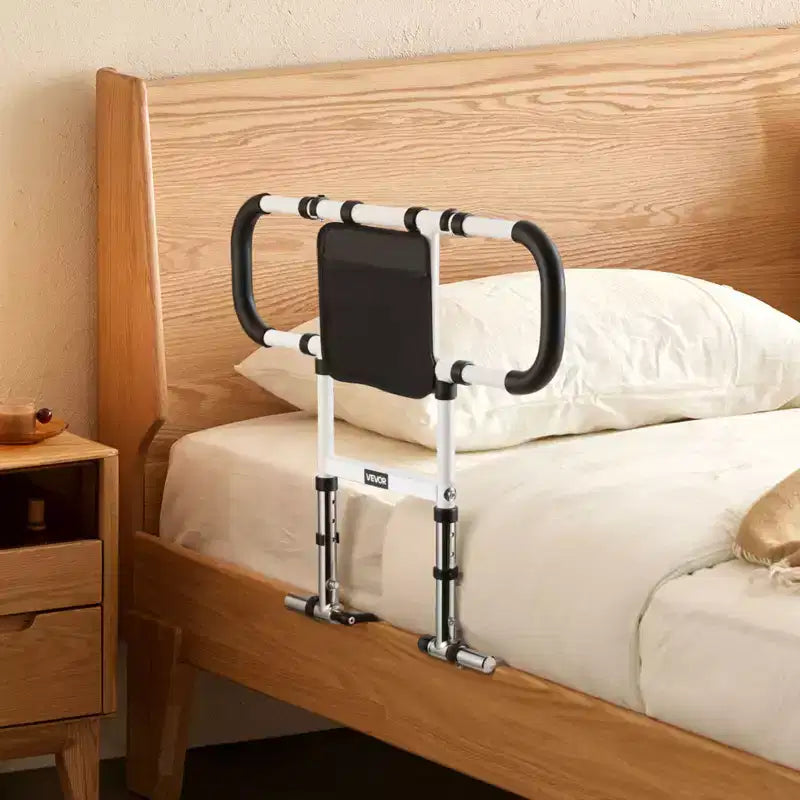 VEVOR Barrière de lit pour personnes âgées, Pliable et Extensible, avec poignées latérales et main courante en PU, Noir + Naturel