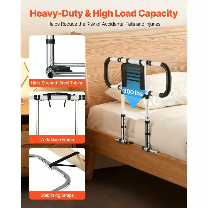 VEVOR Barrière de lit pour personnes âgées, Pliable et Extensible, avec poignées latérales et main courante en PU, Noir + Naturel