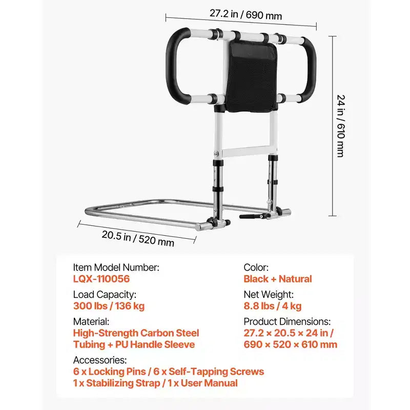 VEVOR Barrière de lit pour personnes âgées, Pliable et Extensible, avec poignées latérales et main courante en PU, Noir + Naturel