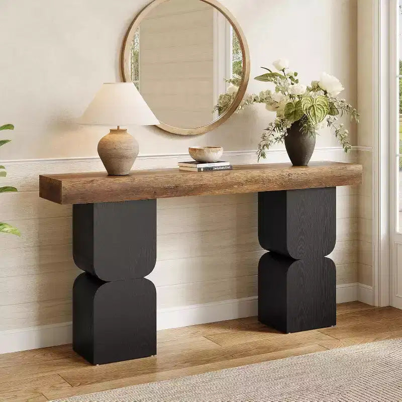 Table console Lantine de 160 cm, table de canapé robuste avec design à blocs de couleurs pour salon, couloir, entrée, marron + noir