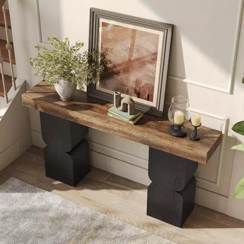 Table console Lantine de 160 cm, table de canapé robuste avec design à blocs de couleurs pour salon, couloir, entrée, marron + noir