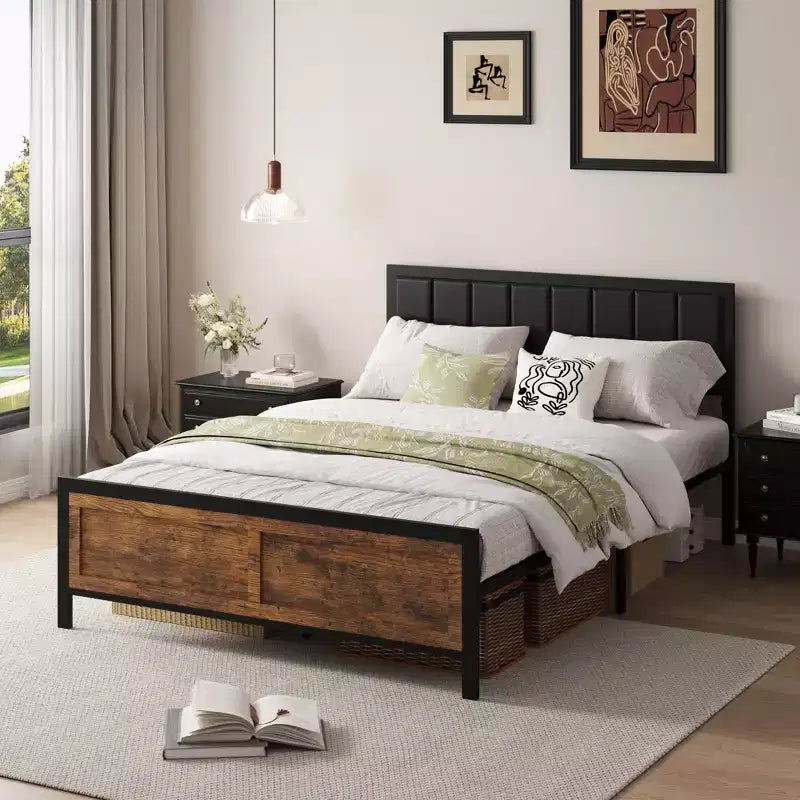 Cadre de lit Dyonery, plateforme de lit en métal avec tête de lit en bois et rivets, 13 lattes en fer robustes, grand espace de rangement sous le lit.
