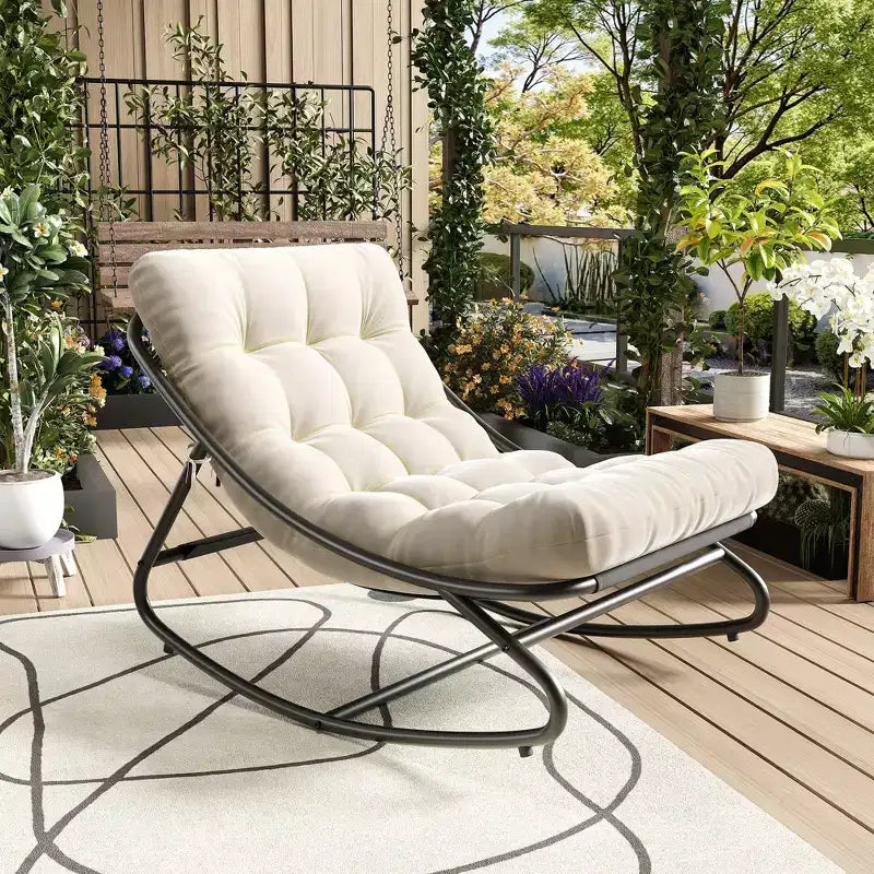 Grand fauteuil à bascule Papasan C blanc, chaise œuf intérieure/extérieure avec coussin épais (capacité de 204 kg) pour salon, patio et jardin