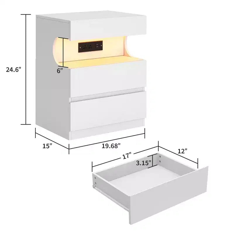 Table de chevet avec lumière contrôlée par application, table de chevet moderne avec station de charge, table d'appoint à 3 tiroirs, table de nuit pour chambre à coucher