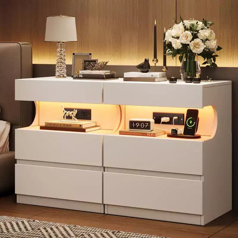 Table de chevet avec lumière contrôlée par application, table de chevet moderne avec station de charge, table d'appoint à 3 tiroirs, table de nuit pour chambre à coucher