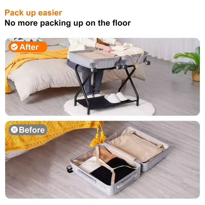 Porte-bagages Narwey, lot de 2, support de valise pliable en acier avec étagère de rangement pour chambre à coucher, hôtel, cadre pliable en acier