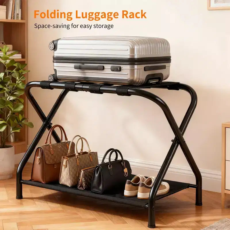 Porte-bagages Narwey, lot de 2, support de valise pliable en acier avec étagère de rangement pour chambre à coucher, hôtel, cadre pliable en acier