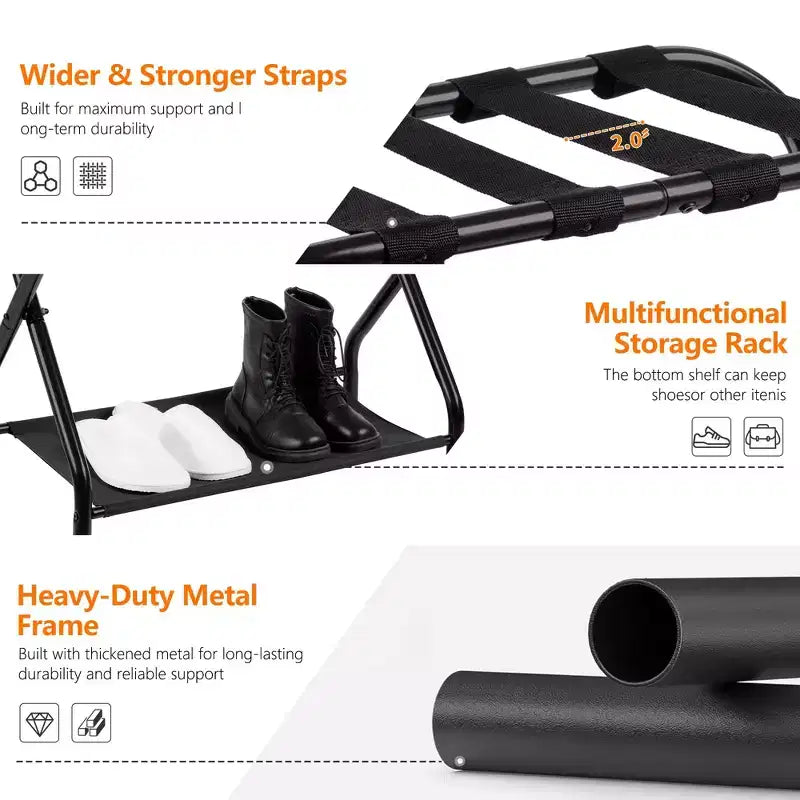 Porte-bagages Narwey, lot de 2, support de valise pliable en acier avec étagère de rangement pour chambre à coucher, hôtel, cadre pliable en acier