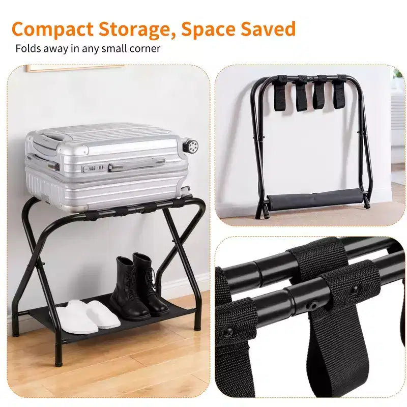 Porte-bagages Narwey, lot de 2, support de valise pliable en acier avec étagère de rangement pour chambre à coucher, hôtel, cadre pliable en acier
