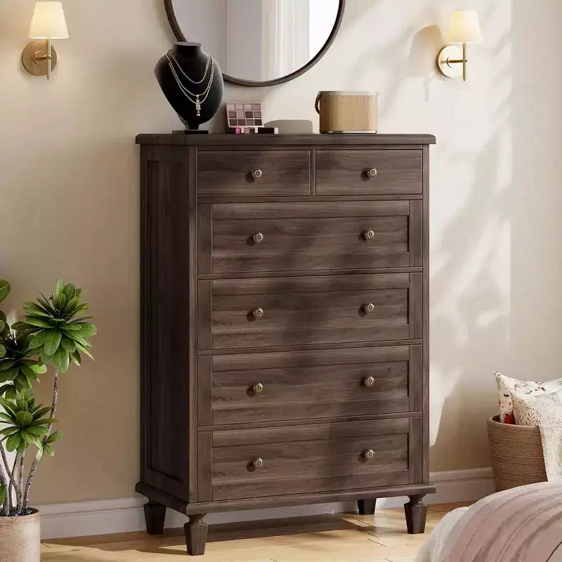 Commode Vintage à 6 Tiroirs avec Pieds Coniques, Grande Commode en Bois pour Chambre, Salon, Entrée, Finition Bois Vieilli