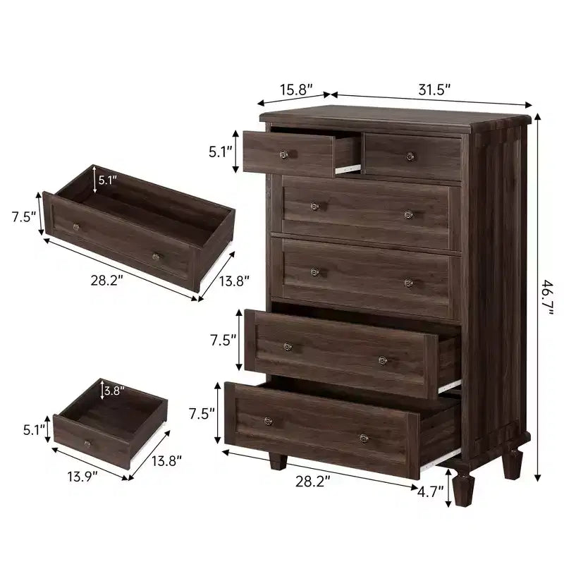 Commode Vintage à 6 Tiroirs avec Pieds Coniques, Grande Commode en Bois pour Chambre, Salon, Entrée, Finition Bois Vieilli