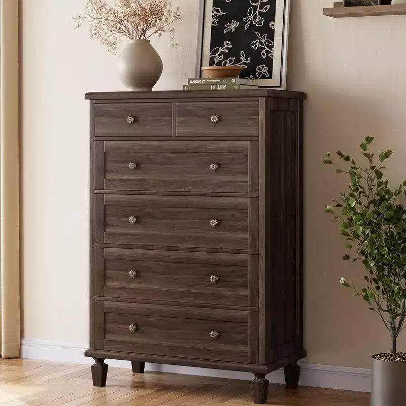 Commode Vintage à 6 Tiroirs avec Pieds Coniques, Grande Commode en Bois pour Chambre, Salon, Entrée, Finition Bois Vieilli