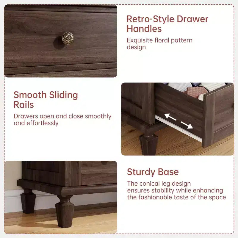 Commode Vintage à 6 Tiroirs avec Pieds Coniques, Grande Commode en Bois pour Chambre, Salon, Entrée, Finition Bois Vieilli