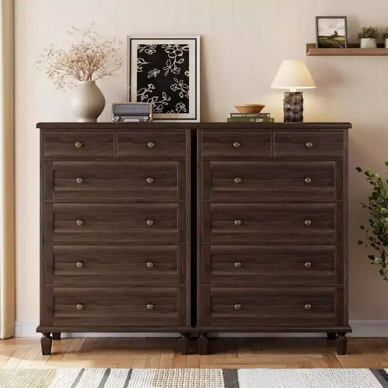 Commode Vintage à 6 Tiroirs avec Pieds Coniques, Grande Commode en Bois pour Chambre, Salon, Entrée, Finition Bois Vieilli