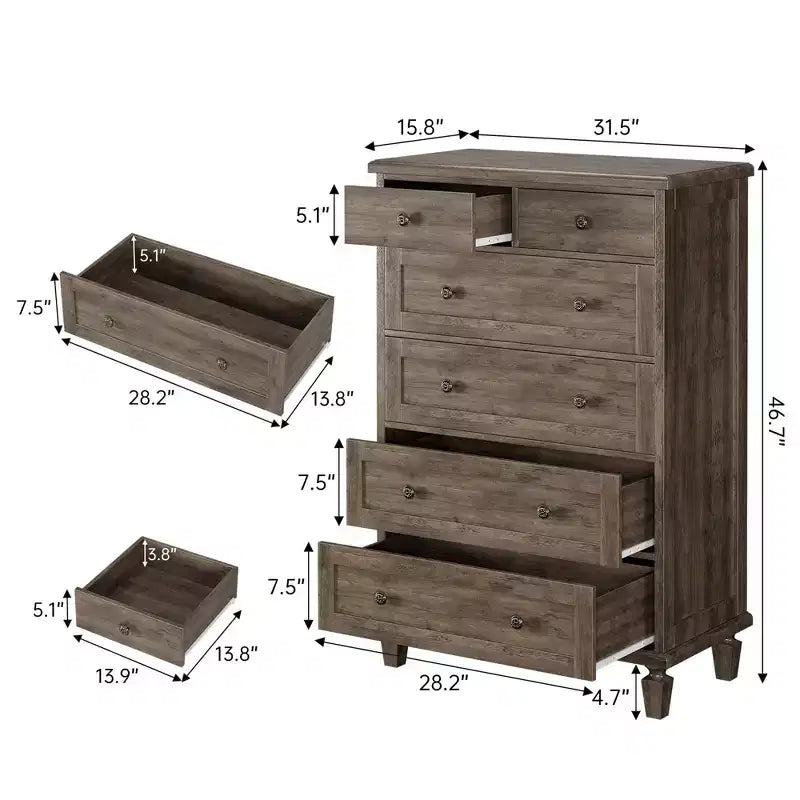 Commode Vintage à 6 Tiroirs avec Pieds Coniques, Grande Commode en Bois pour Chambre, Salon, Entrée, Finition Bois Vieilli