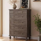 Commode Vintage à 6 Tiroirs avec Pieds Coniques, Grande Commode en Bois pour Chambre, Salon, Entrée, Finition Bois Vieilli