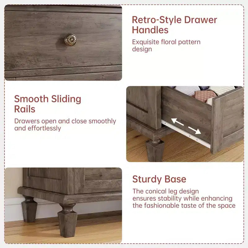 Commode Vintage à 6 Tiroirs avec Pieds Coniques, Grande Commode en Bois pour Chambre, Salon, Entrée, Finition Bois Vieilli