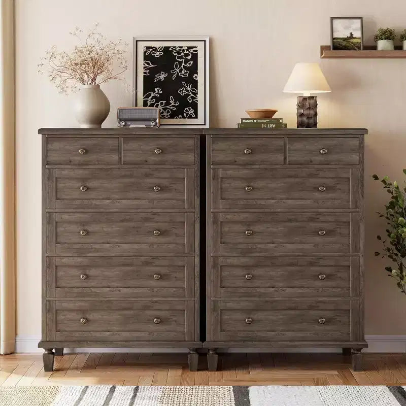 Commode Vintage à 6 Tiroirs avec Pieds Coniques, Grande Commode en Bois pour Chambre, Salon, Entrée, Finition Bois Vieilli