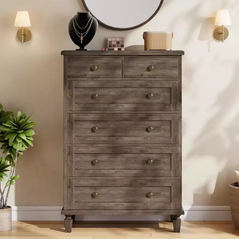 Commode Vintage à 6 Tiroirs avec Pieds Coniques, Grande Commode en Bois pour Chambre, Salon, Entrée, Finition Bois Vieilli